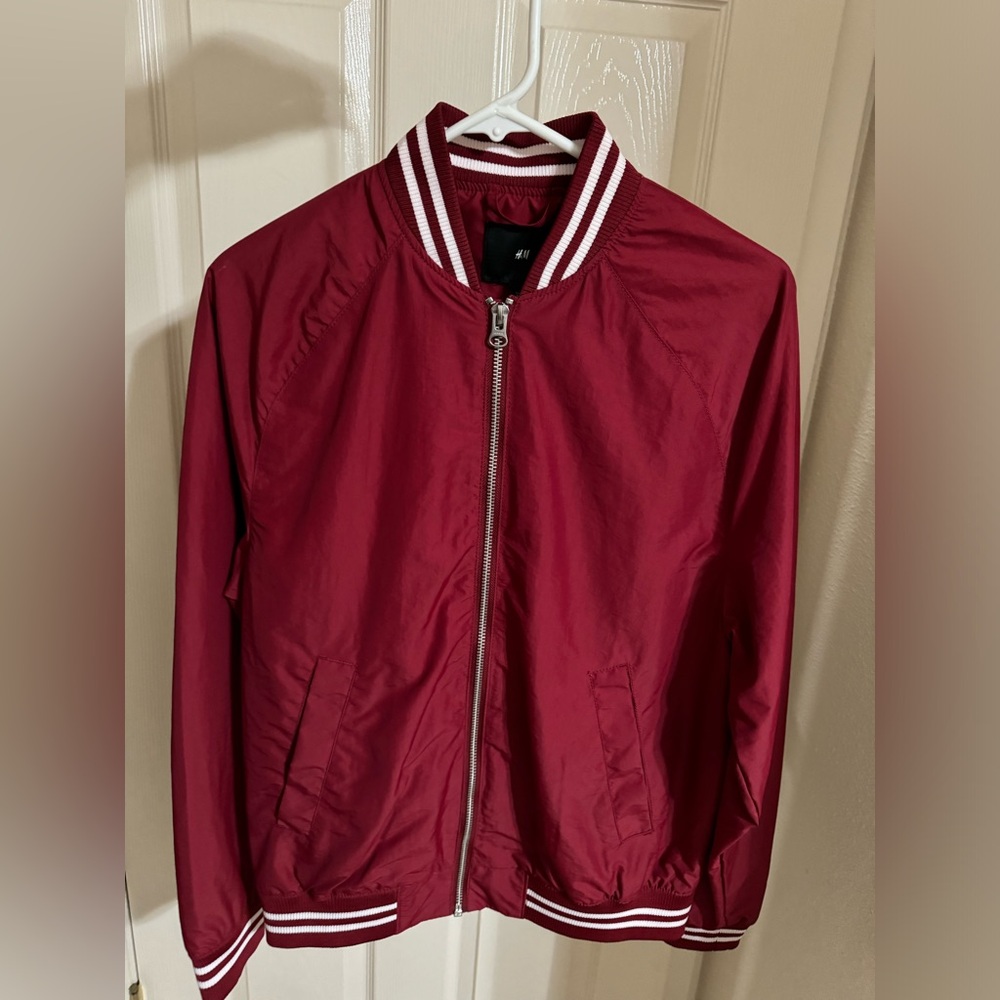 H&M Red Bomber Jacket with Striped Collar